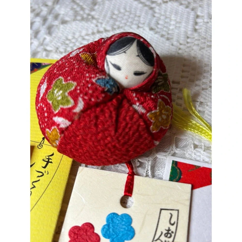 Japanese Washi Paper Doll Bookmark Set and Red Chirimen Fabric Otedama Doll